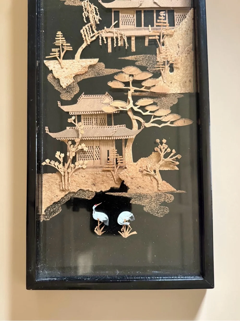 Vtg Chinese Asian Landscape Cork Diorama Wall Art  in Black Lacqered Frame 23x8”